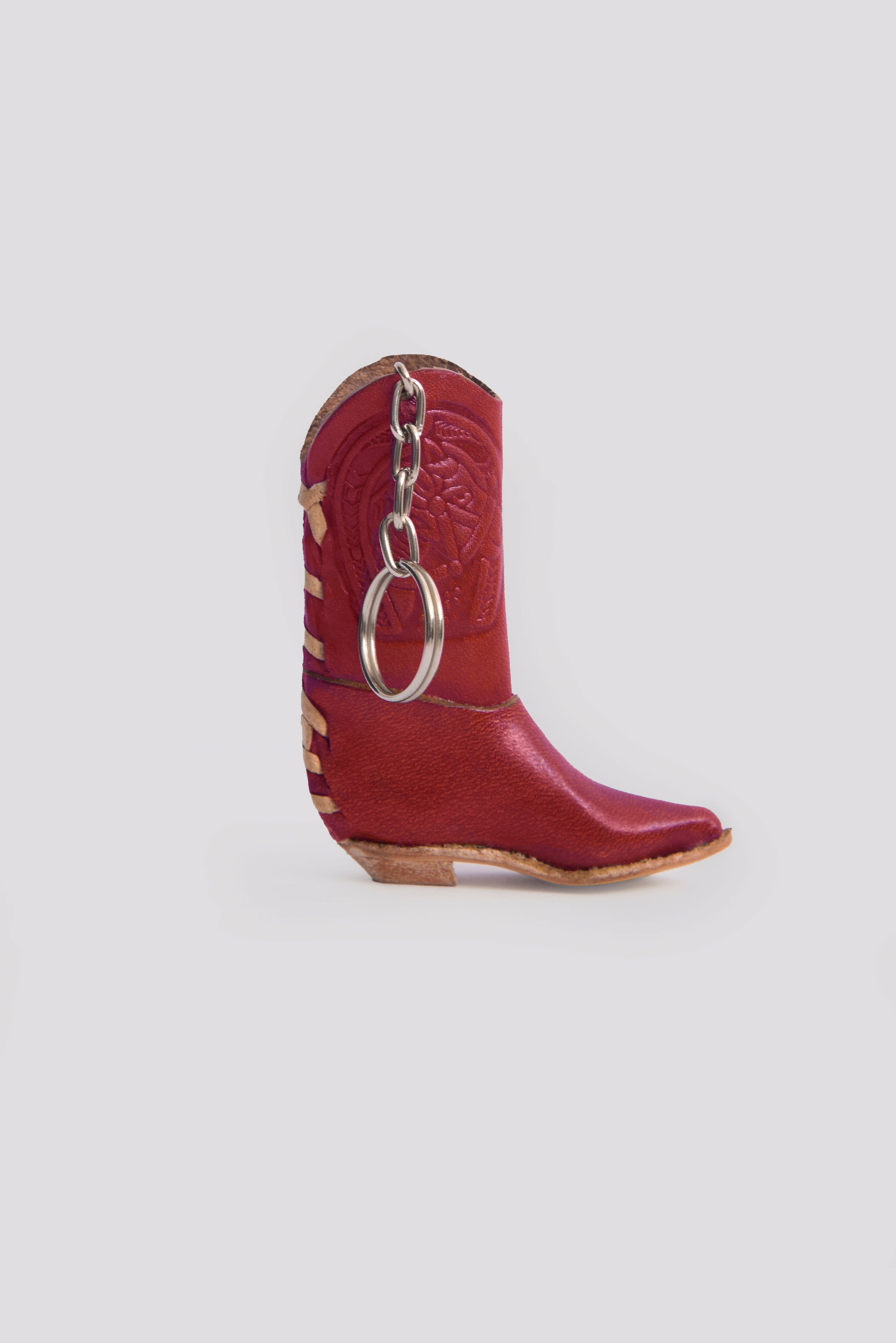 Handgefertigte Feuerzeughülle aus Leder im Cowboy-Stiefel-Design, Mexiko. Roter Schlüsselanhänger Cowboy