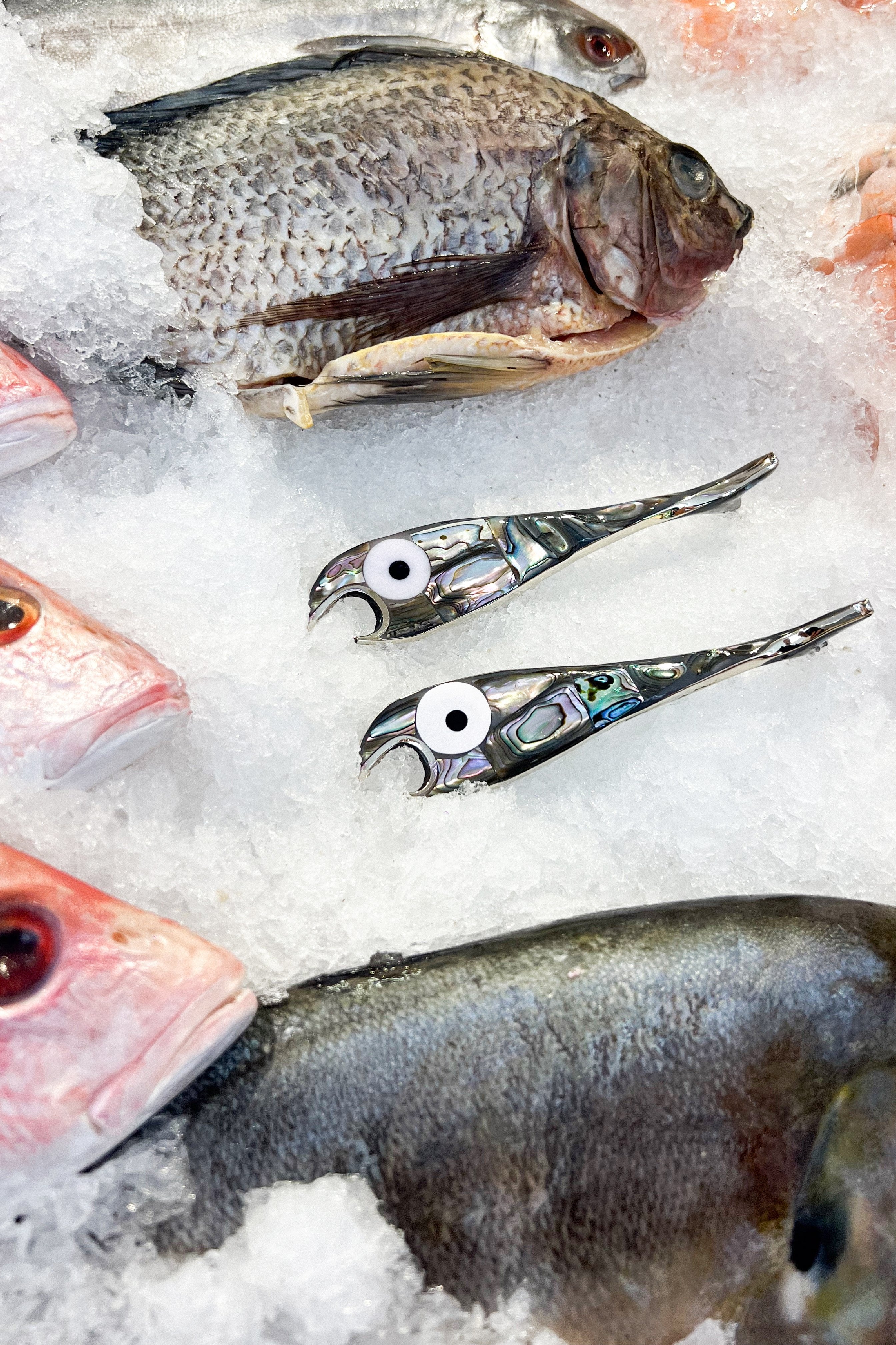 Fisch Flaschenöffner aus Perlmutt und Silber auf Eis in der Kühltheke 